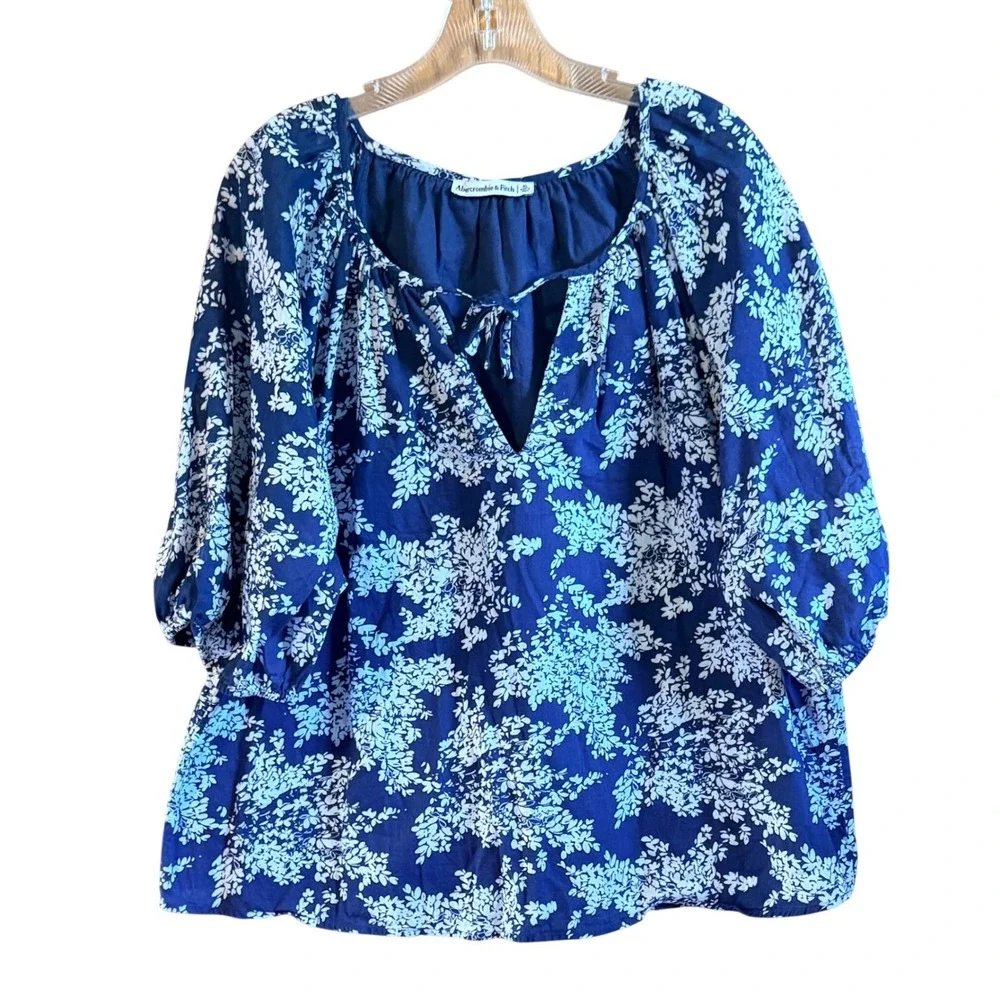Abercrombie Fitch Size Xl Women Jade Blue‎ White Floral Print 3/4 Sleeve Boho